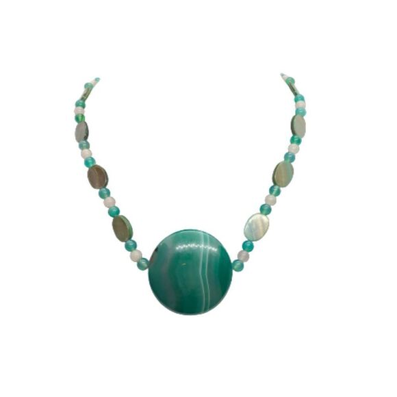 Unique Green Stone Gemstone Beaded Necklace with Sterling Silver Clasp - Picture 1 of 10